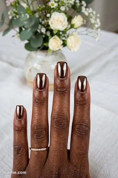 Close-up of short square nails with espresso brown polish and a mirror-like chrome finish — look 2