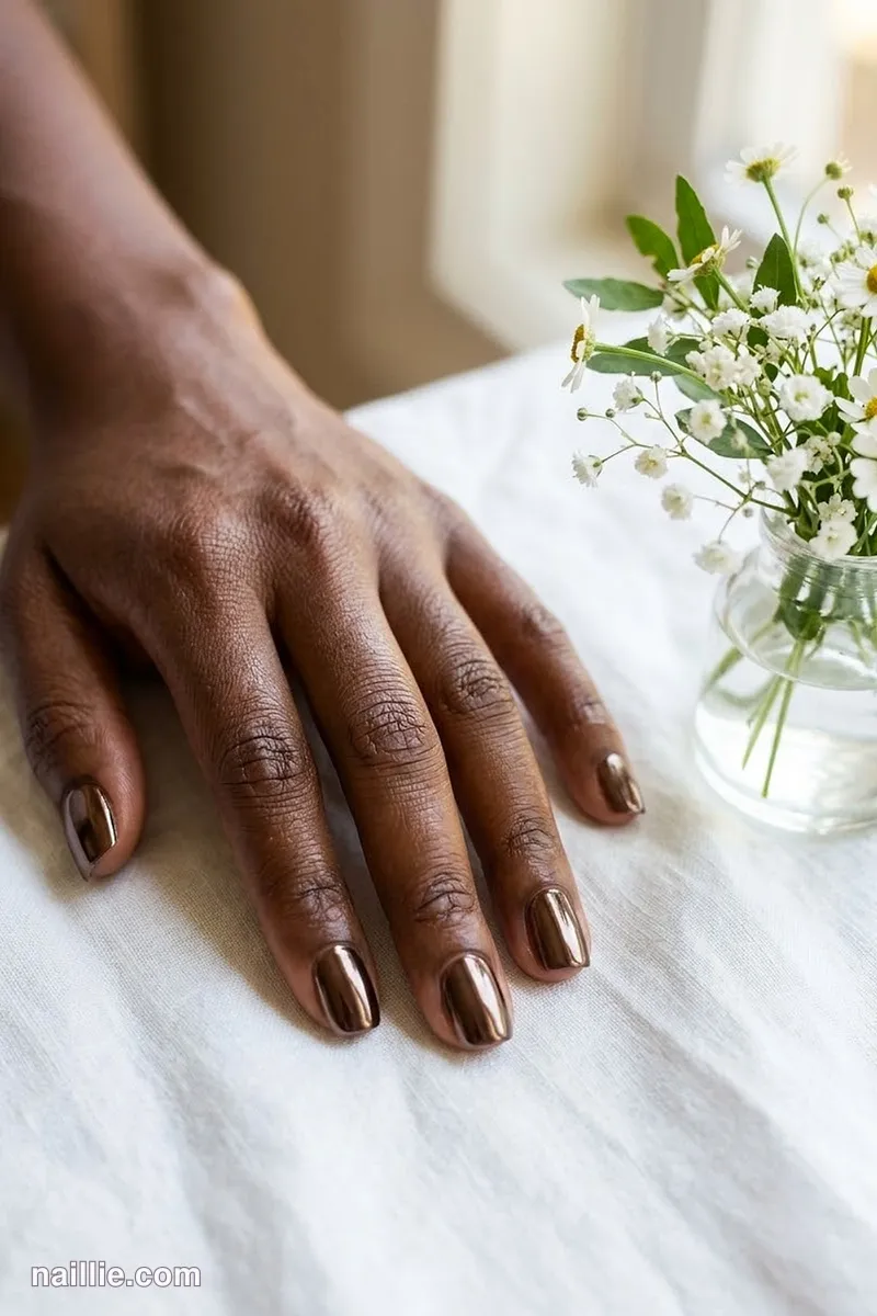 Close-up of short square nails with espresso brown polish and a mirror-like chrome finish