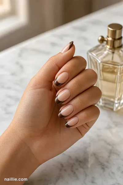 Close-up of oval nails with a espresso brown double French line