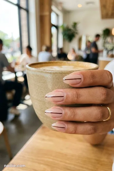 Close-up of oval nails with one fine espresso brown line across a sheer base