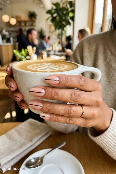Close-up of oval nails with one fine espresso brown line across a sheer base — look 3