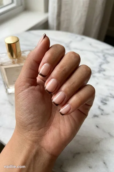 Close-up of short square nails with espresso brown French tips over a sheer nude base