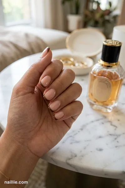 Close-up of short square nails with espresso brown French tips over a sheer nude base — look 3