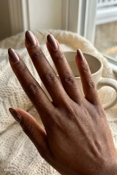 Close-up of almond nails with espresso brown polish and a pearly glazed-donut shimmer — look 3