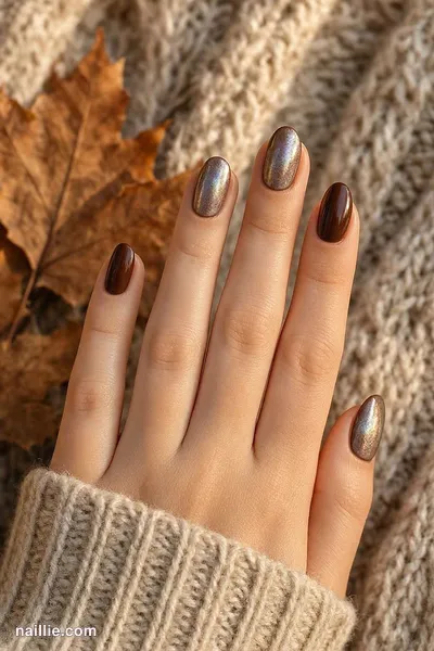 Close-up of oval nails with espresso brown polish and a pearly glazed-donut shimmer