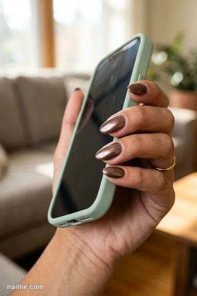 Close-up of short almond nails with espresso brown polish and a pearly glazed-donut shimmer