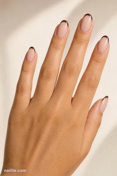 Close-up of almond nails with ultra-thin espresso brown micro French tips