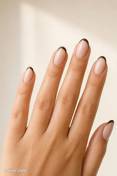 Close-up of almond nails with ultra-thin espresso brown micro French tips — look 2