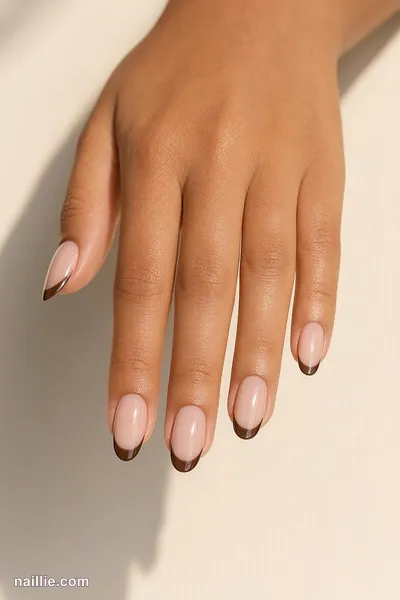 Close-up of almond nails with ultra-thin espresso brown micro French tips — look 3