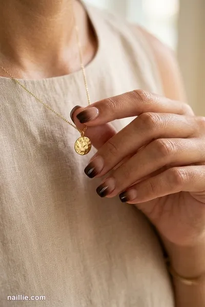 Close-up of short square nails with a espresso brown ombre fading into nude — look 2