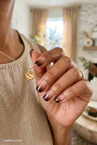 Close-up of short square nails with a espresso brown ombre fading into nude — look 3