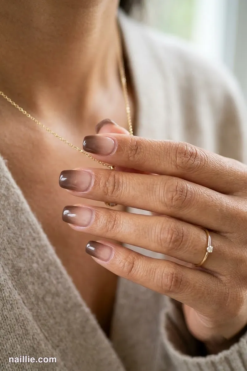 Close-up of short square nails with a espresso brown ombre fading into nude
