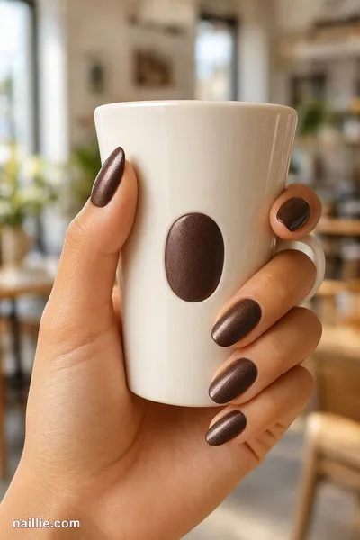 Close-up of almond nails with espresso brown polish and a soft velvet shimmer