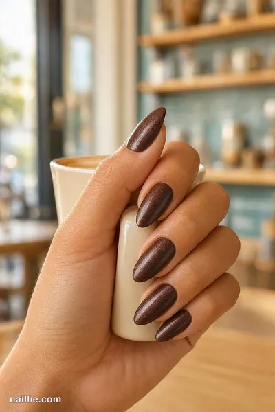 Close-up of almond nails with espresso brown polish and a soft velvet shimmer — look 2