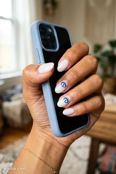 Close-up of oval nails with protective evil eye charms in blue