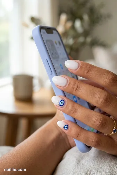 Close-up of oval nails with protective evil eye charms in blue — look 2