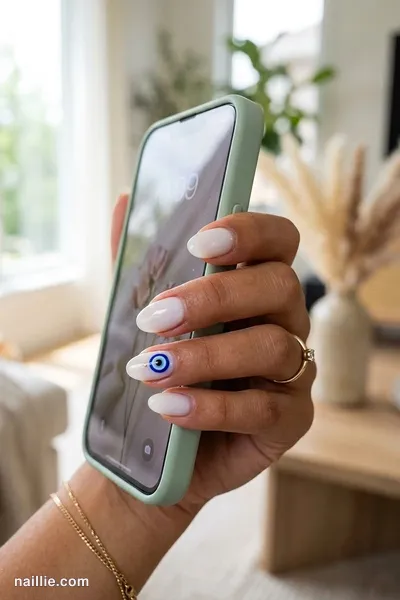 Close-up of oval nails with protective evil eye charms in blue — look 3