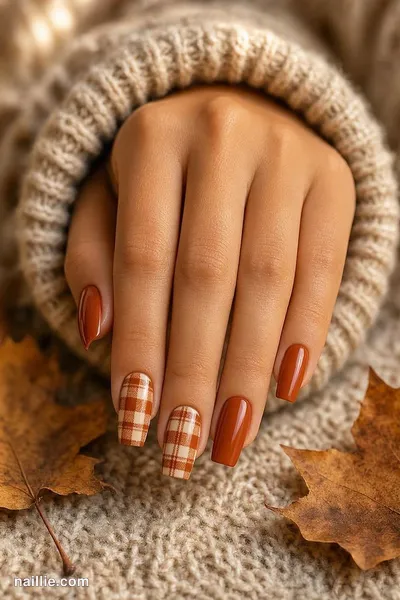 Close-up of coffin nails with cozy rust-and-cream plaid on accent nails — look 2