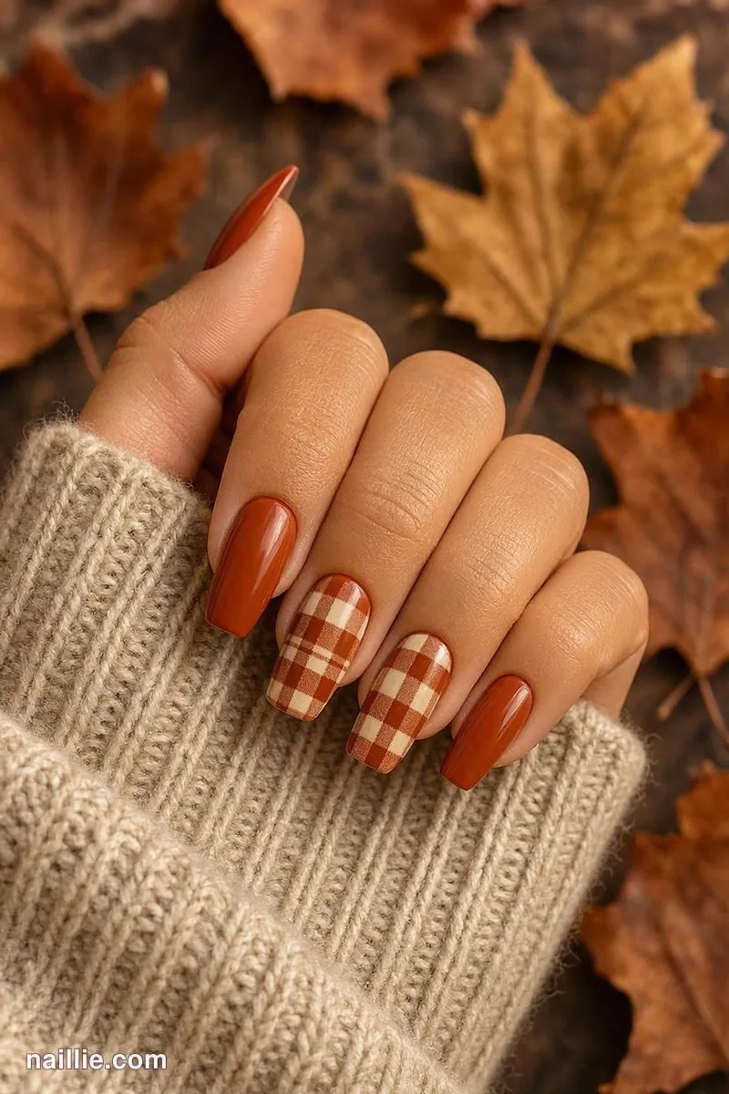Close-up of coffin nails with cozy rust-and-cream plaid on accent nails