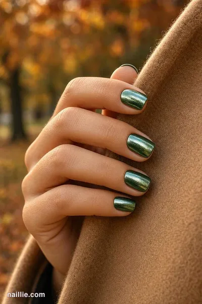 Close-up of short square nails with forest green polish and a mirror-like chrome finish