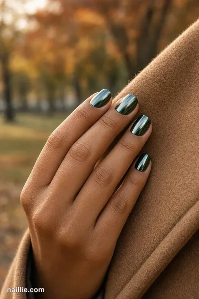 Close-up of short square nails with forest green polish and a mirror-like chrome finish — look 2