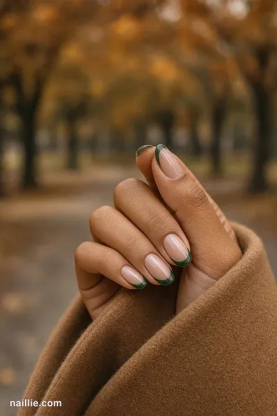 Close-up of oval nails with forest green French tips over a sheer nude base