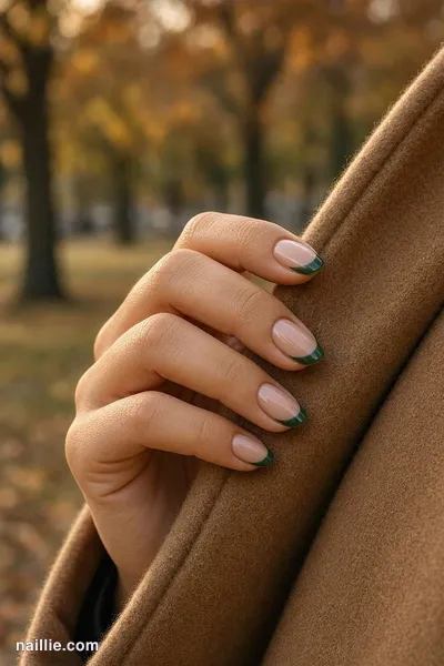 Close-up of oval nails with forest green French tips over a sheer nude base — look 3