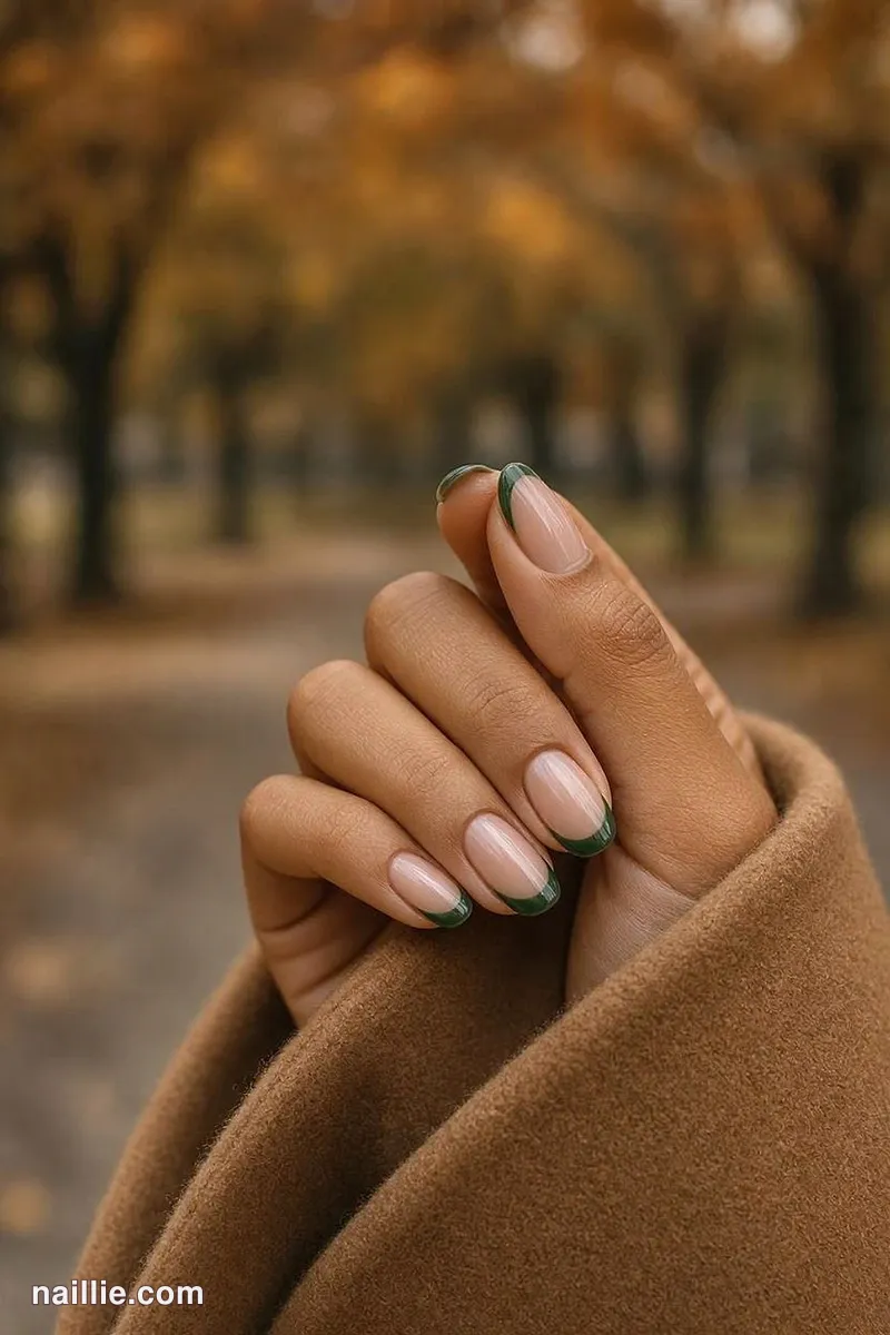 Close-up of oval nails with forest green French tips over a sheer nude base