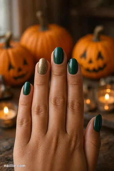 Close-up of oval nails with forest green polish and a sparkly glitter accent nail