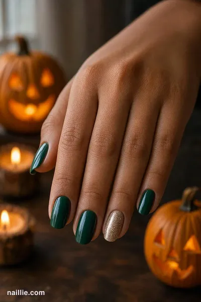 Close-up of oval nails with forest green polish and a sparkly glitter accent nail — look 2