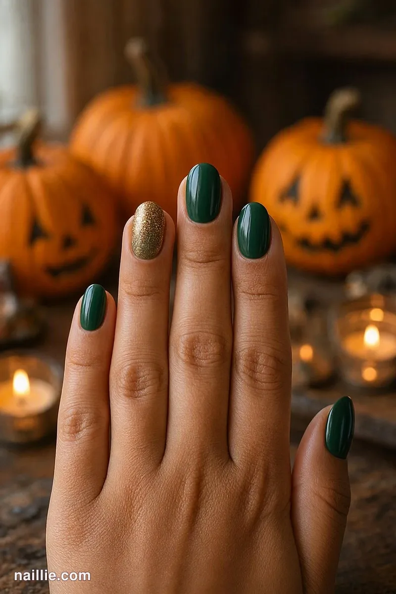 Close-up of oval nails with forest green polish and a sparkly glitter accent nail