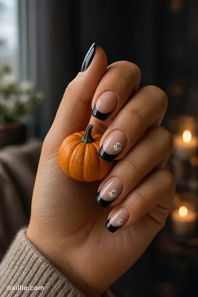 Close-up of short square nails with black French tips with tiny white ghosts — look 2