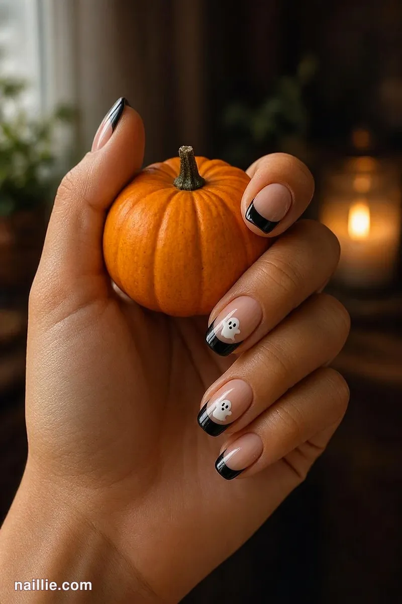 Close-up of short square nails with black French tips with tiny white ghosts