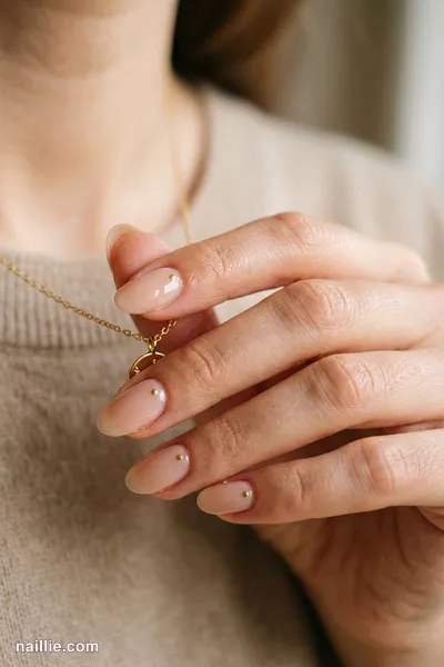 Close-up of oval nails with a single tiny gold dot on each nail — look 2