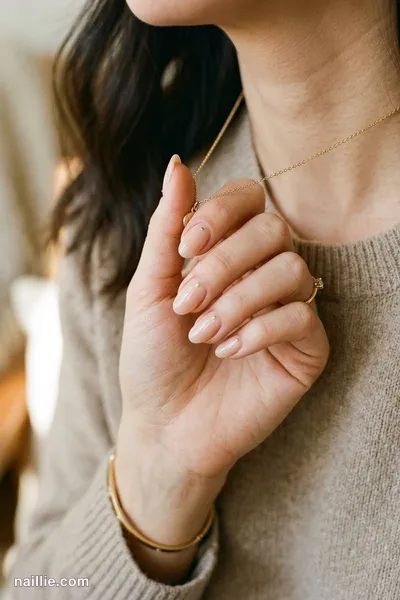 Close-up of oval nails with a single tiny gold dot on each nail — look 3