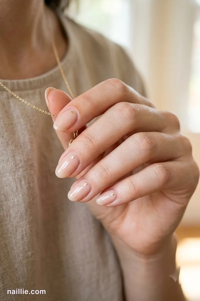 Close-up of oval nails with a single tiny gold dot on each nail