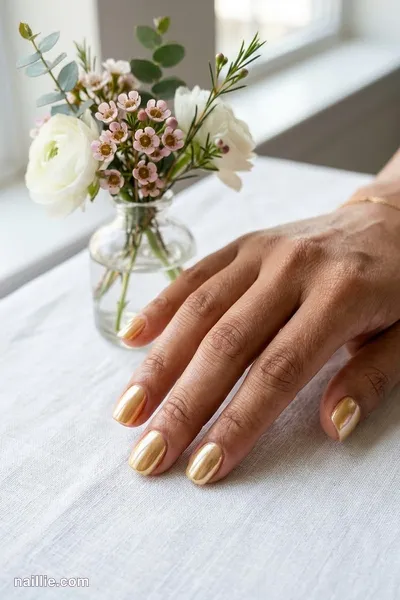 Close-up of short square nails with gold polish and a pearly glazed-donut shimmer