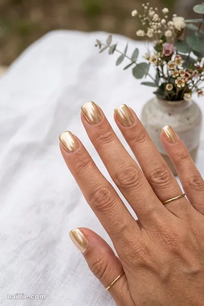 Close-up of short square nails with gold polish and a pearly glazed-donut shimmer — look 2