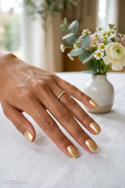 Close-up of short square nails with gold polish and a pearly glazed-donut shimmer — look 3