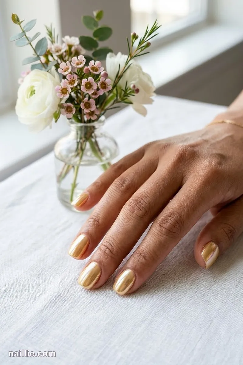 Close-up of short square nails with gold polish and a pearly glazed-donut shimmer