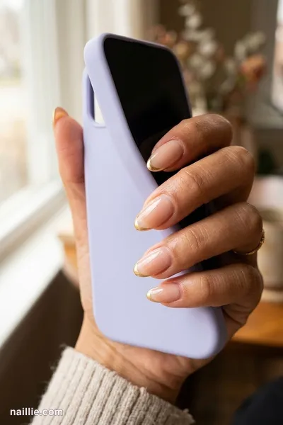 Close-up of almond nails with ultra-thin gold micro French tips