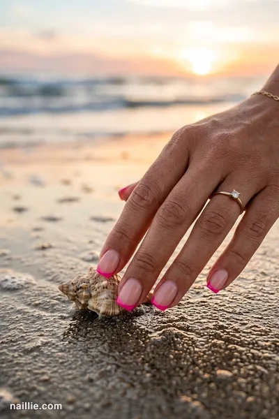 Close-up of short square nails with hot pink French tips over a sheer nude base