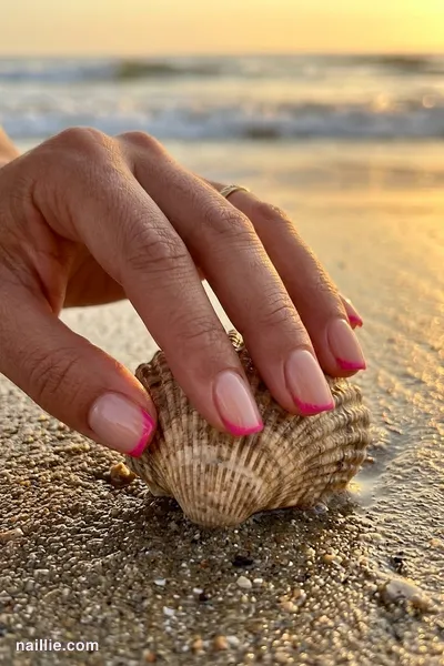 Close-up of short square nails with hot pink French tips over a sheer nude base — look 2