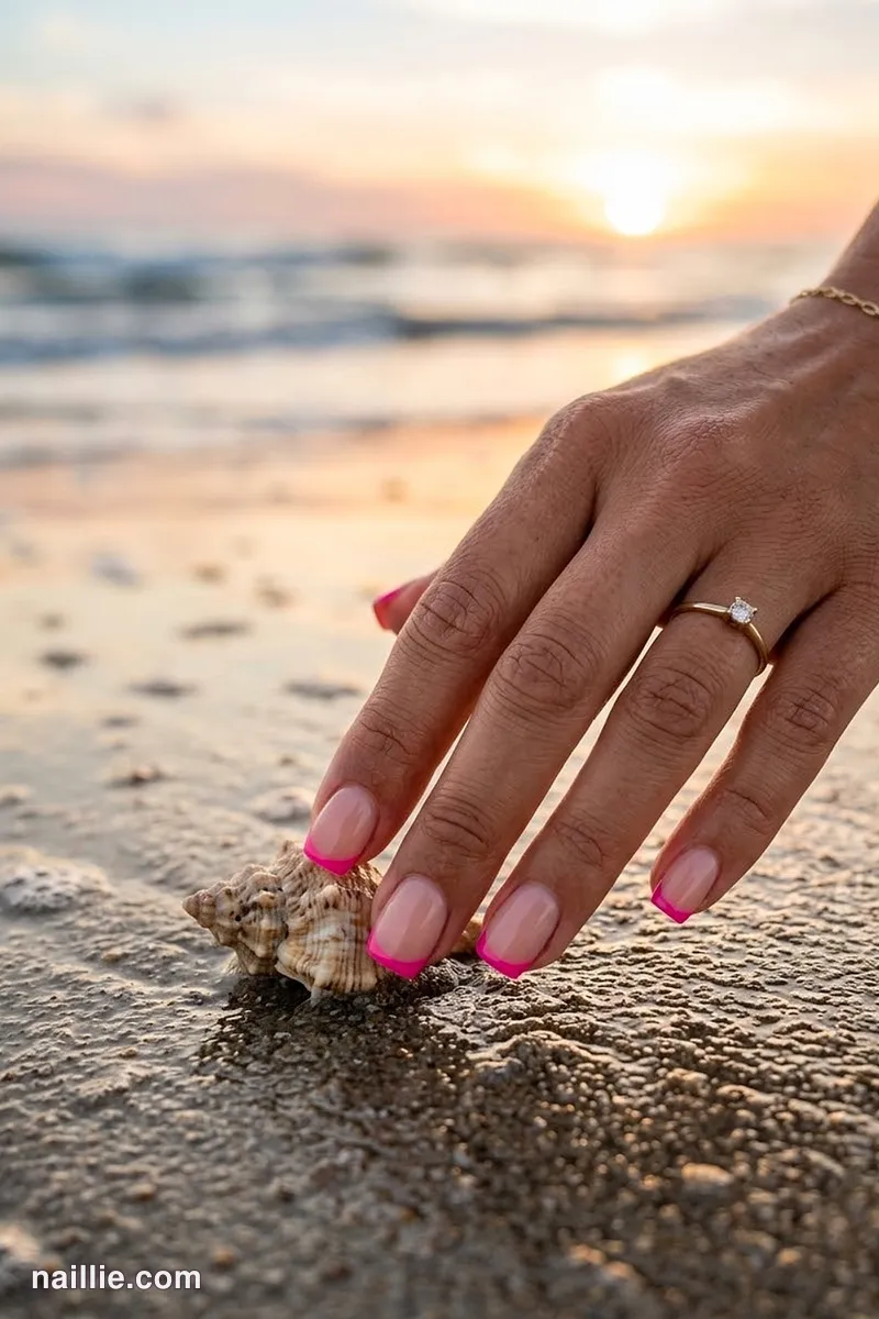 Close-up of short square nails with hot pink French tips over a sheer nude base