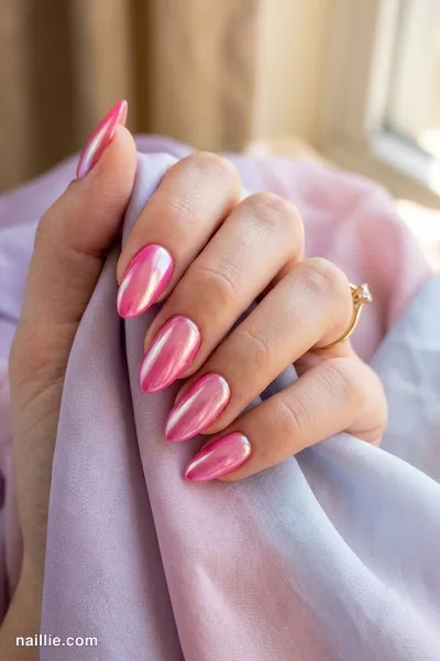 Close-up of almond nails with hot pink polish and a pearly glazed-donut shimmer