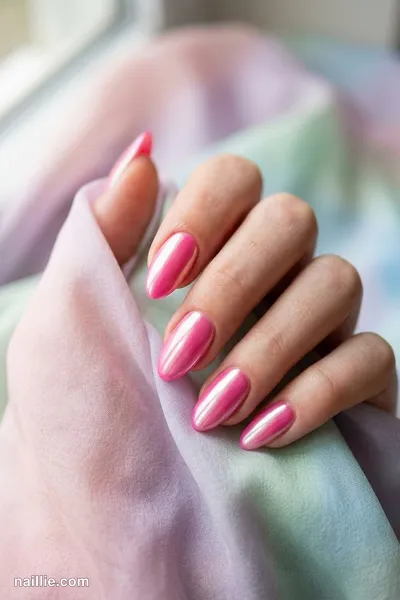 Close-up of almond nails with hot pink polish and a pearly glazed-donut shimmer — look 2