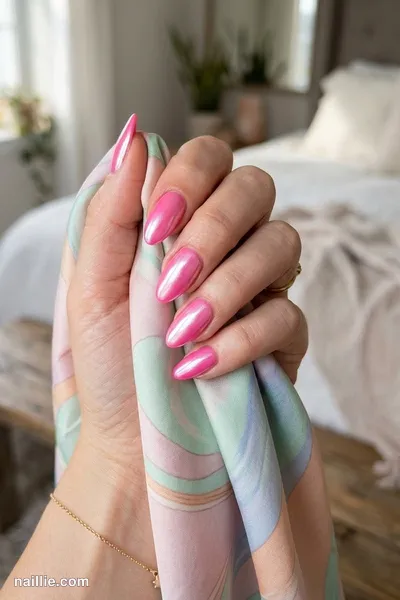 Close-up of almond nails with hot pink polish and a pearly glazed-donut shimmer — look 3