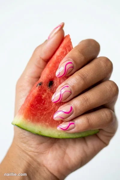 Close-up of oval nails with hot pink abstract swirls on a nude base