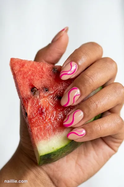 Close-up of oval nails with hot pink abstract swirls on a nude base — look 2