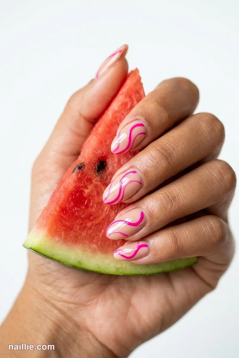Close-up of oval nails with hot pink abstract swirls on a nude base